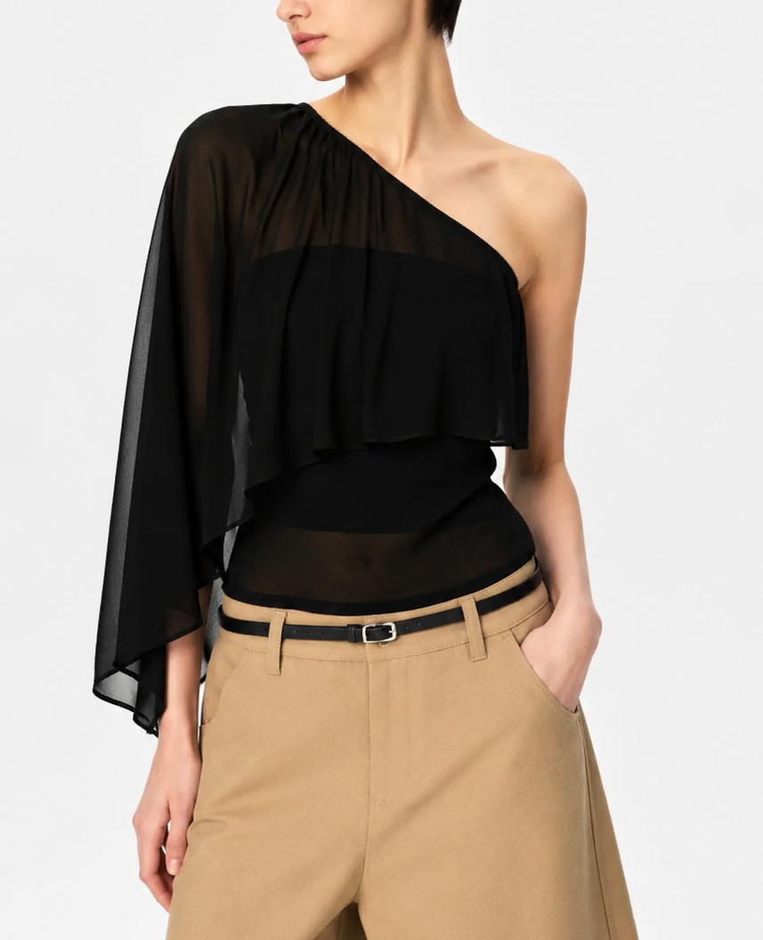 Aura One-Shoulder Chiffon Cape Blouse