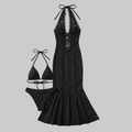 Gothic Lace Halter Maxi Cover-Up Dress & Bikini 3-Piece Set