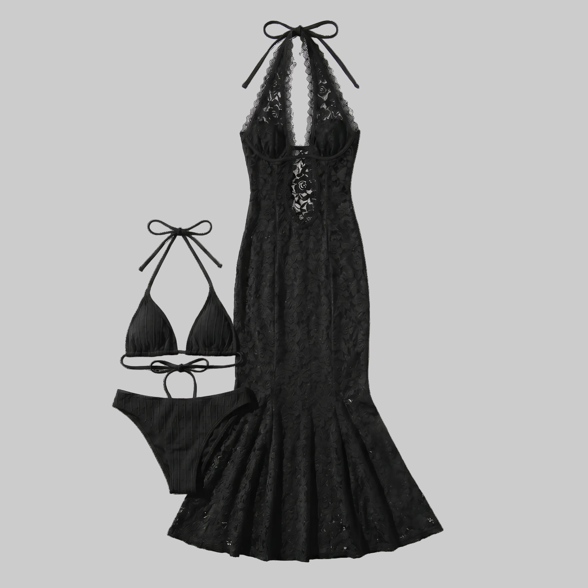 Gothic Lace Halter Maxi Cover-Up Dress & Bikini 3-Piece Set
