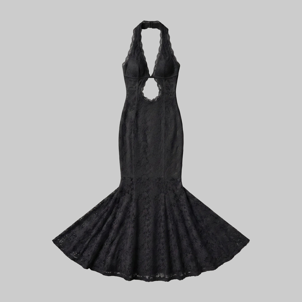 Gothic Lace Halter Maxi Cover-Up Dress & Bikini 3-Piece Set