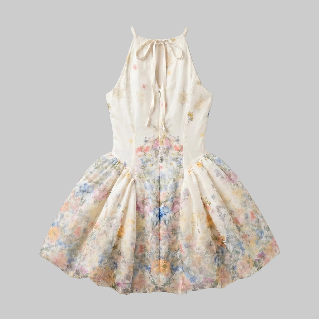 Halter Watercolor Floral Mini Dress with Bubble Skirt