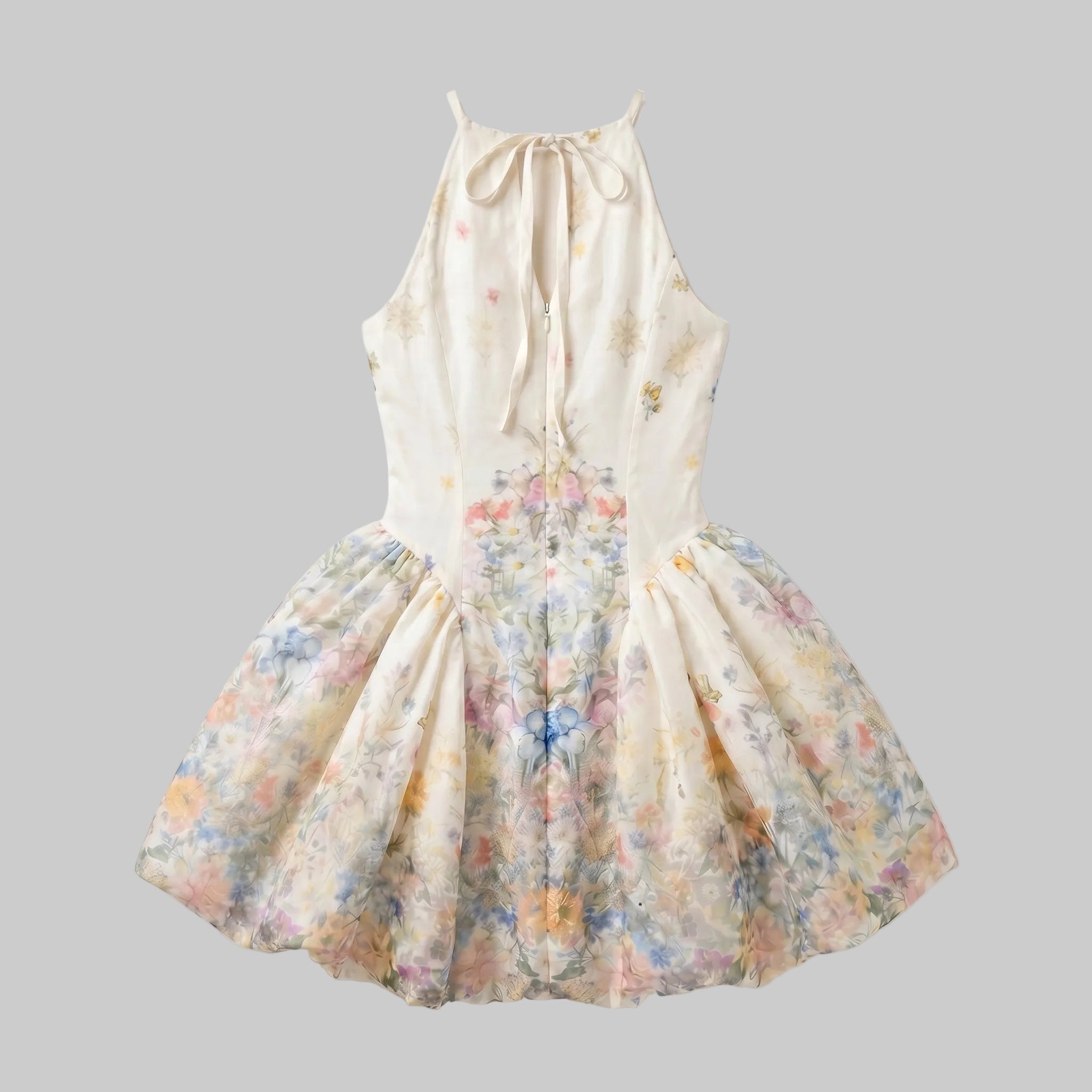 Halter Watercolor Floral Mini Dress with Bubble Skirt