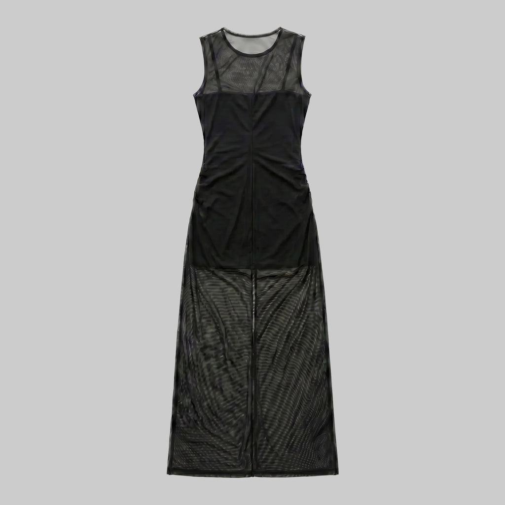 Gothic Floral Mesh Ruched Maxi Dress