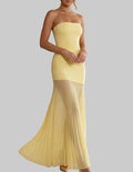Pastel Yellow Strapless Pleated Maxi Dress with Sheer Skirt