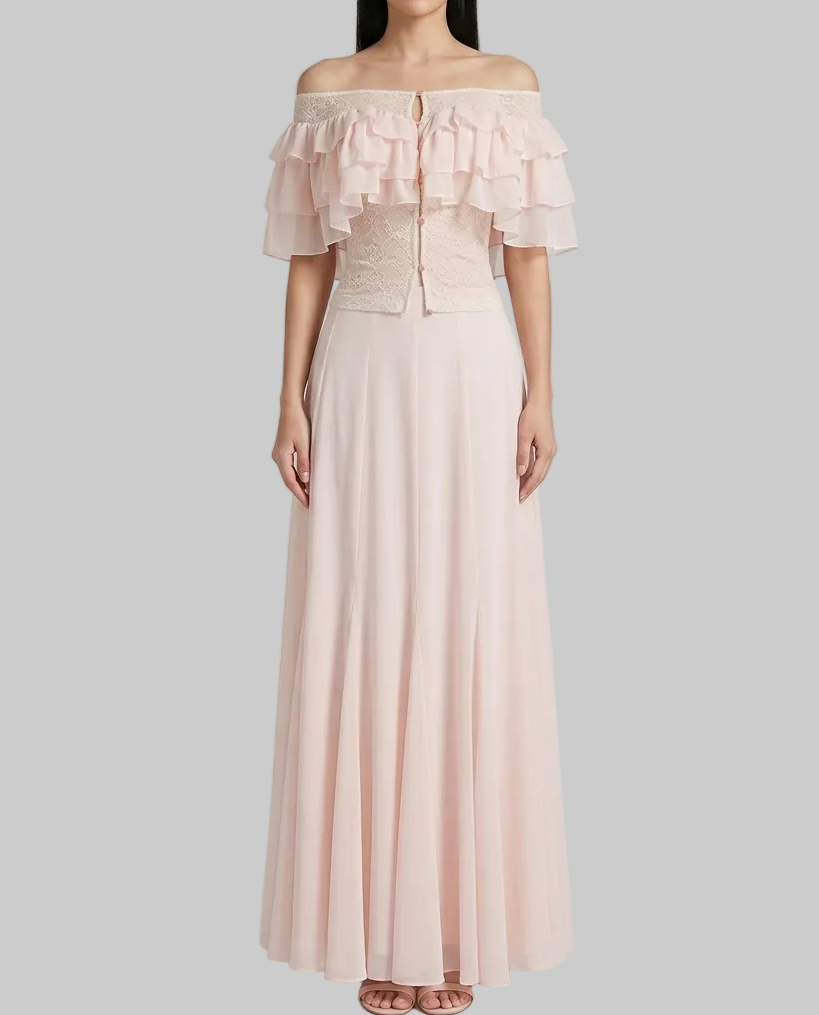 Off-Shoulder Lace Corset Top - Vintage Ruffle Chiffon Blouse
