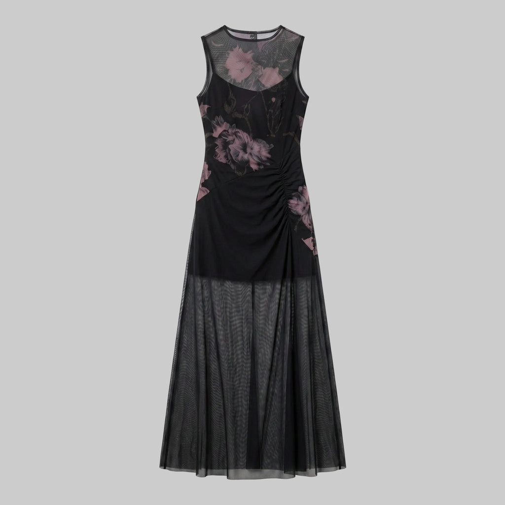 Gothic Floral Mesh Ruched Maxi Dress