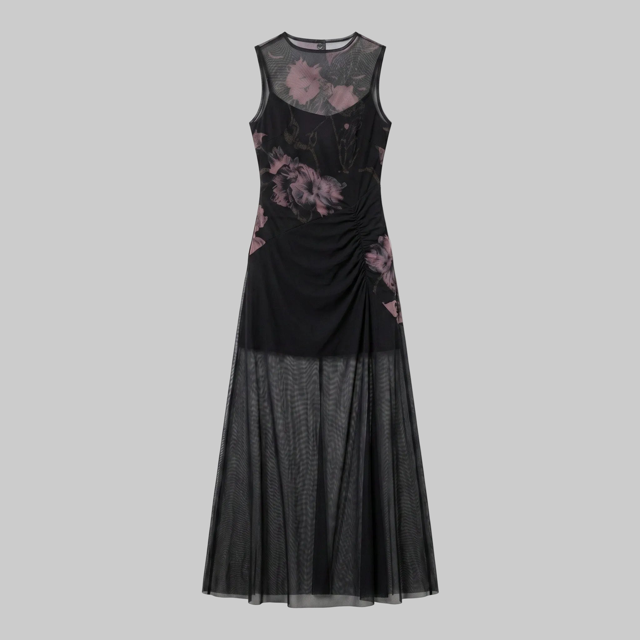 Gothic Floral Mesh Ruched Maxi Dress