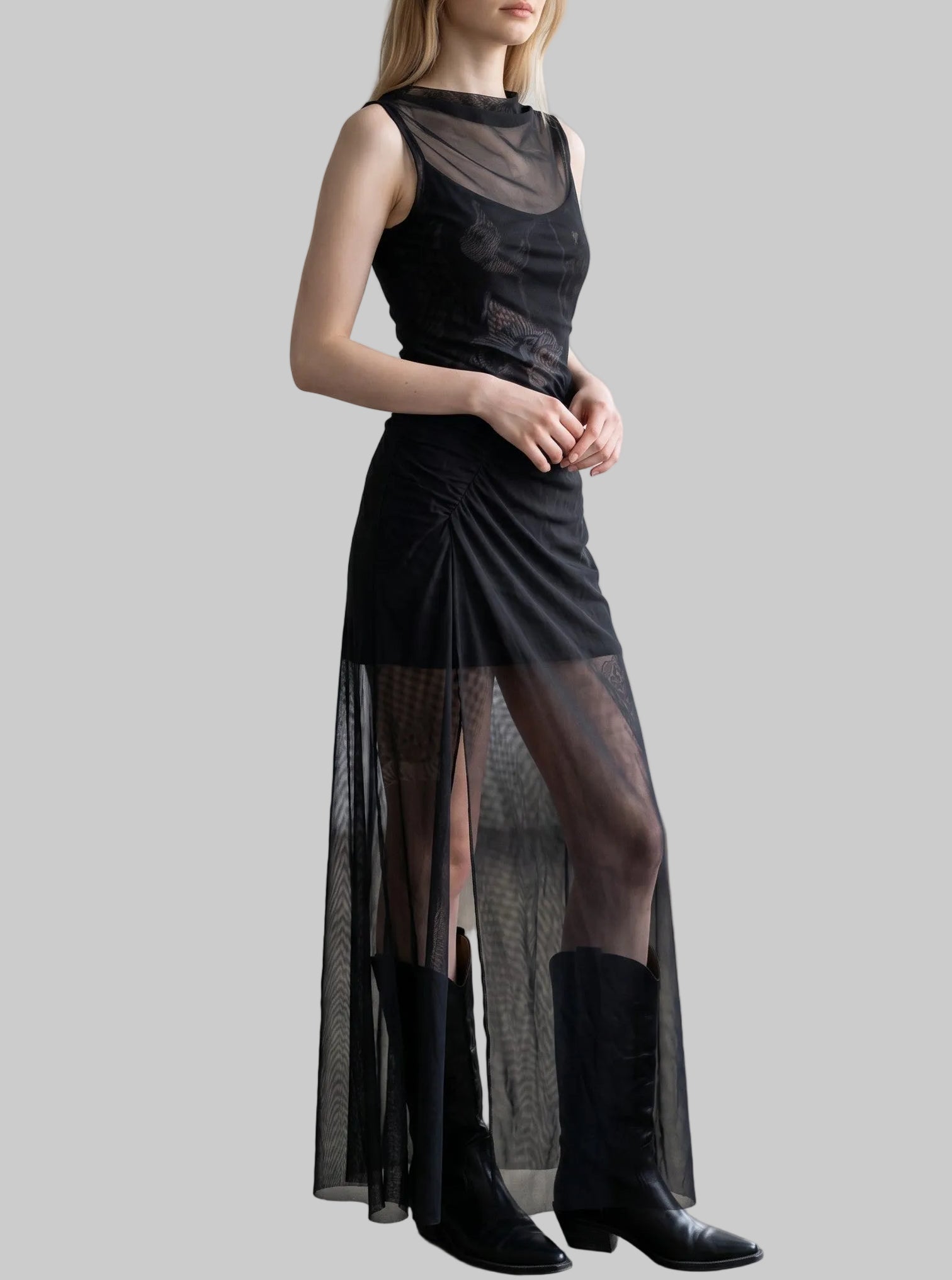 Gothic Floral Mesh Ruched Maxi Dress