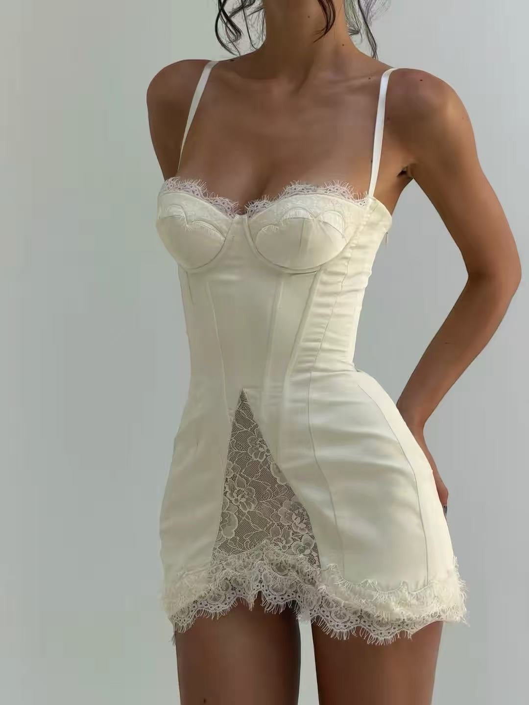 French Vintage Lace Patchwork Corset Mini Dress