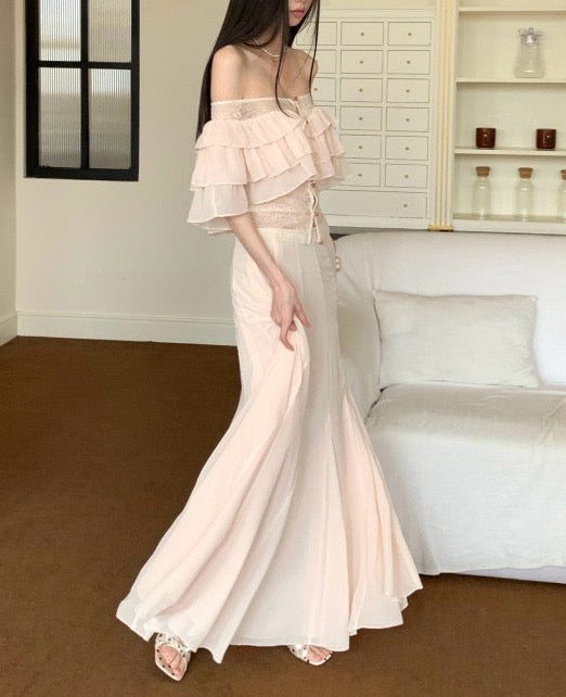 Off-Shoulder Lace Corset Top - Vintage Ruffle Chiffon Blouse