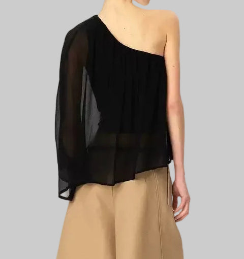 Aura One-Shoulder Chiffon Cape Blouse