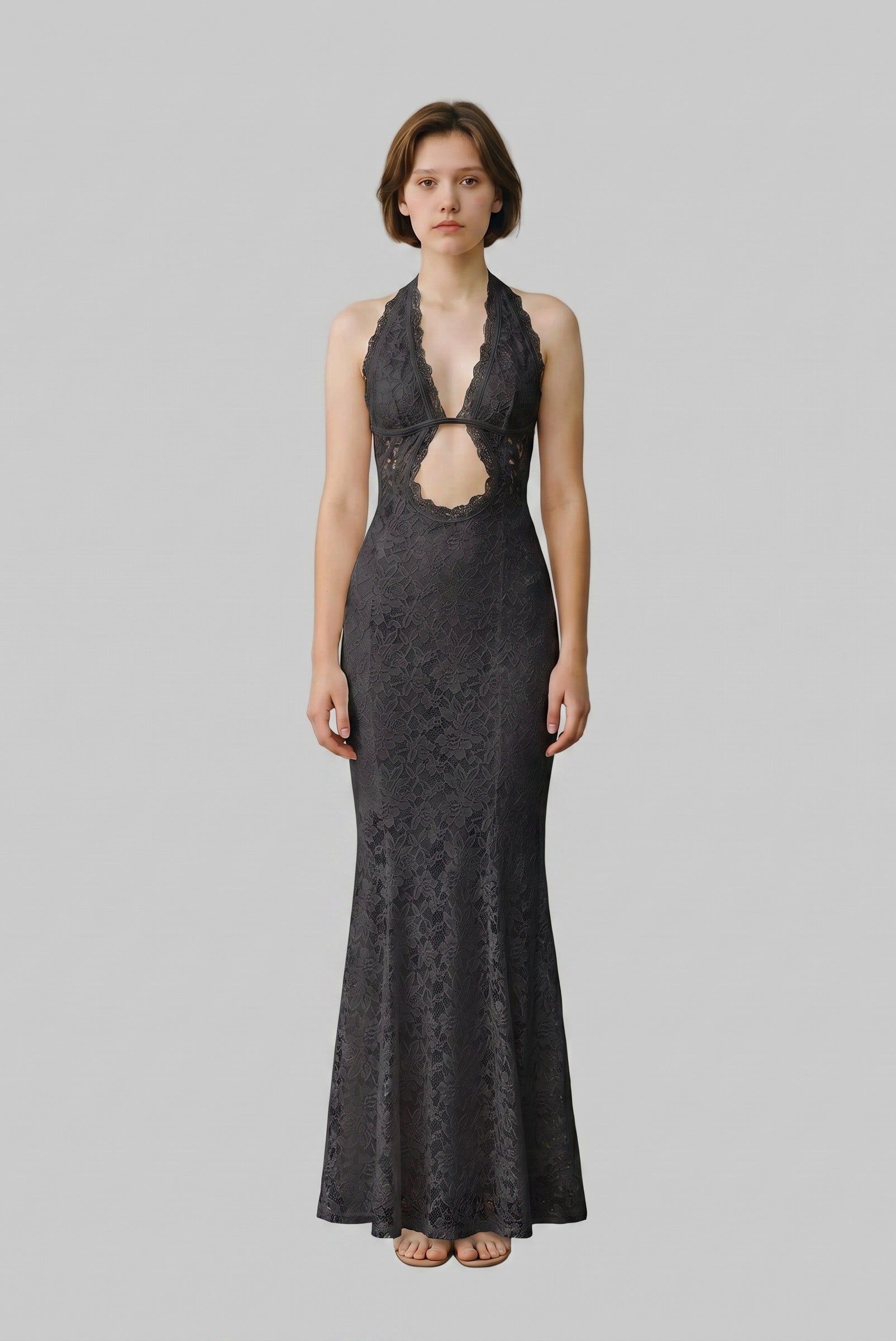 Gothic Lace Halter Maxi Cover-Up Dress & Bikini 3-Piece Set