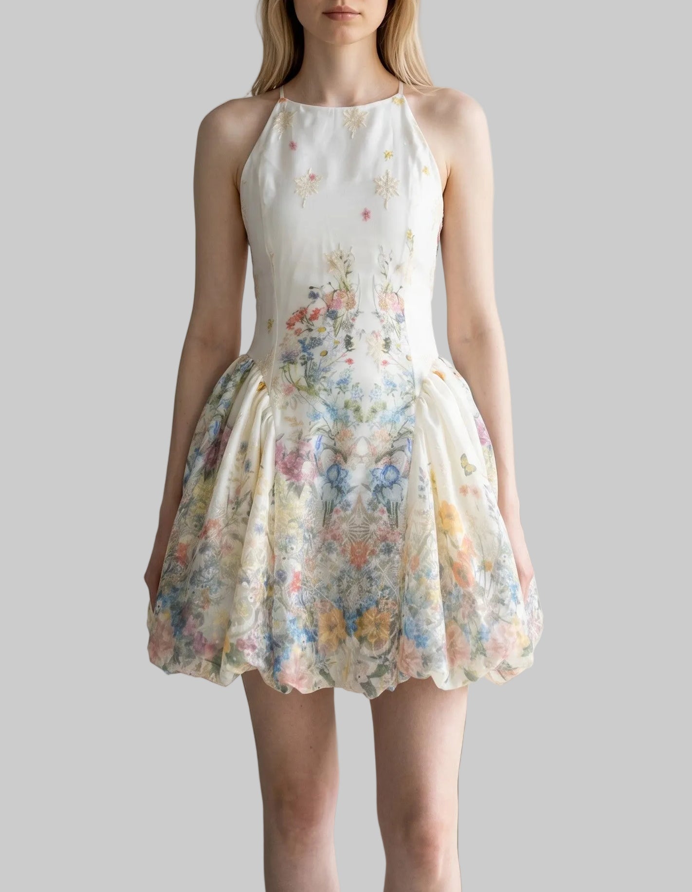 Halter Watercolor Floral Mini Dress with Bubble Skirt