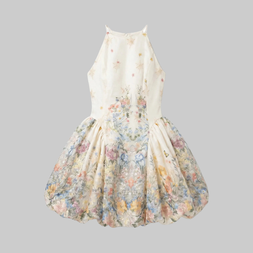 Halter Watercolor Floral Mini Dress with Bubble Skirt