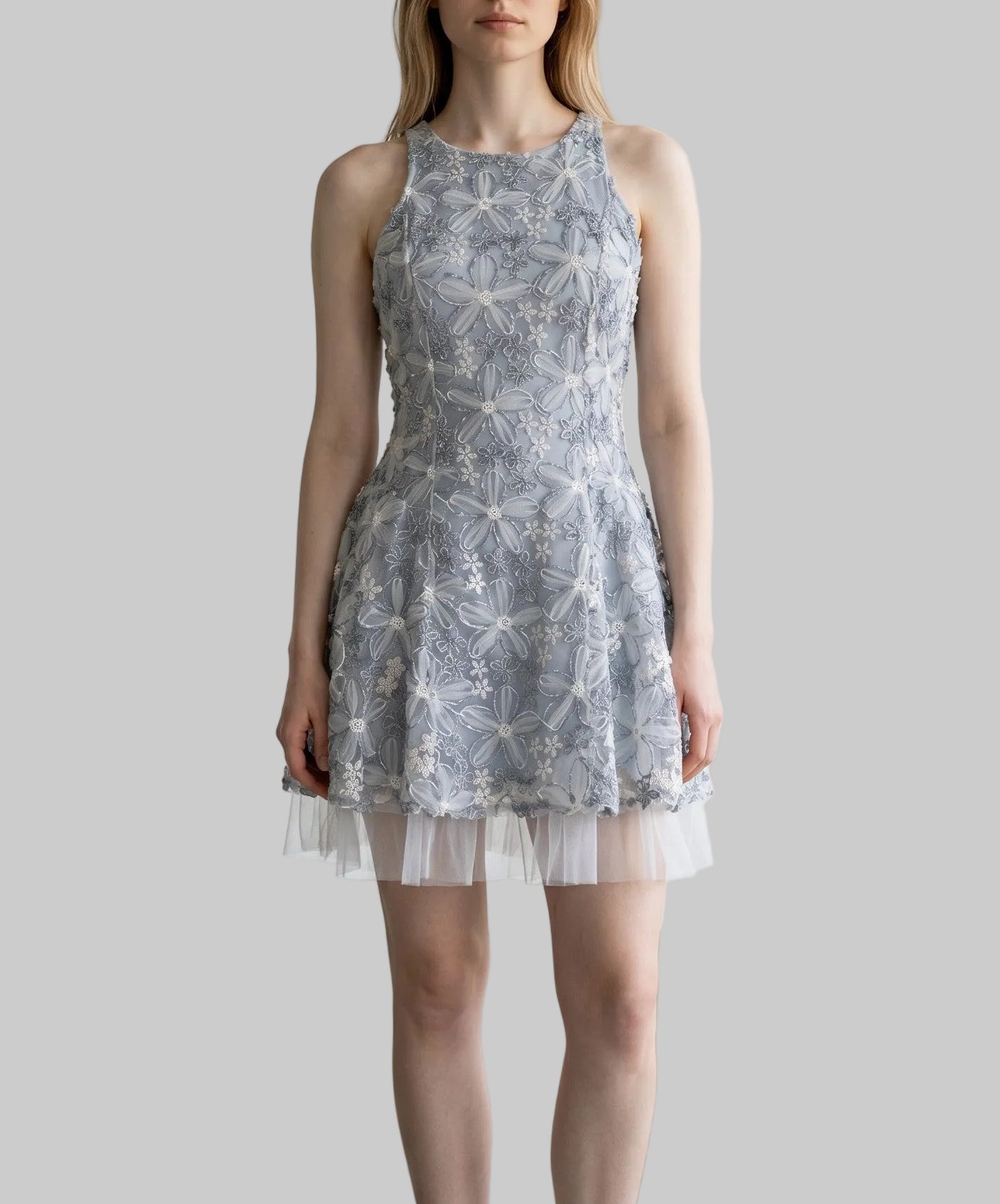 Ethereal Floral Embroidered Tulle Trim Dress