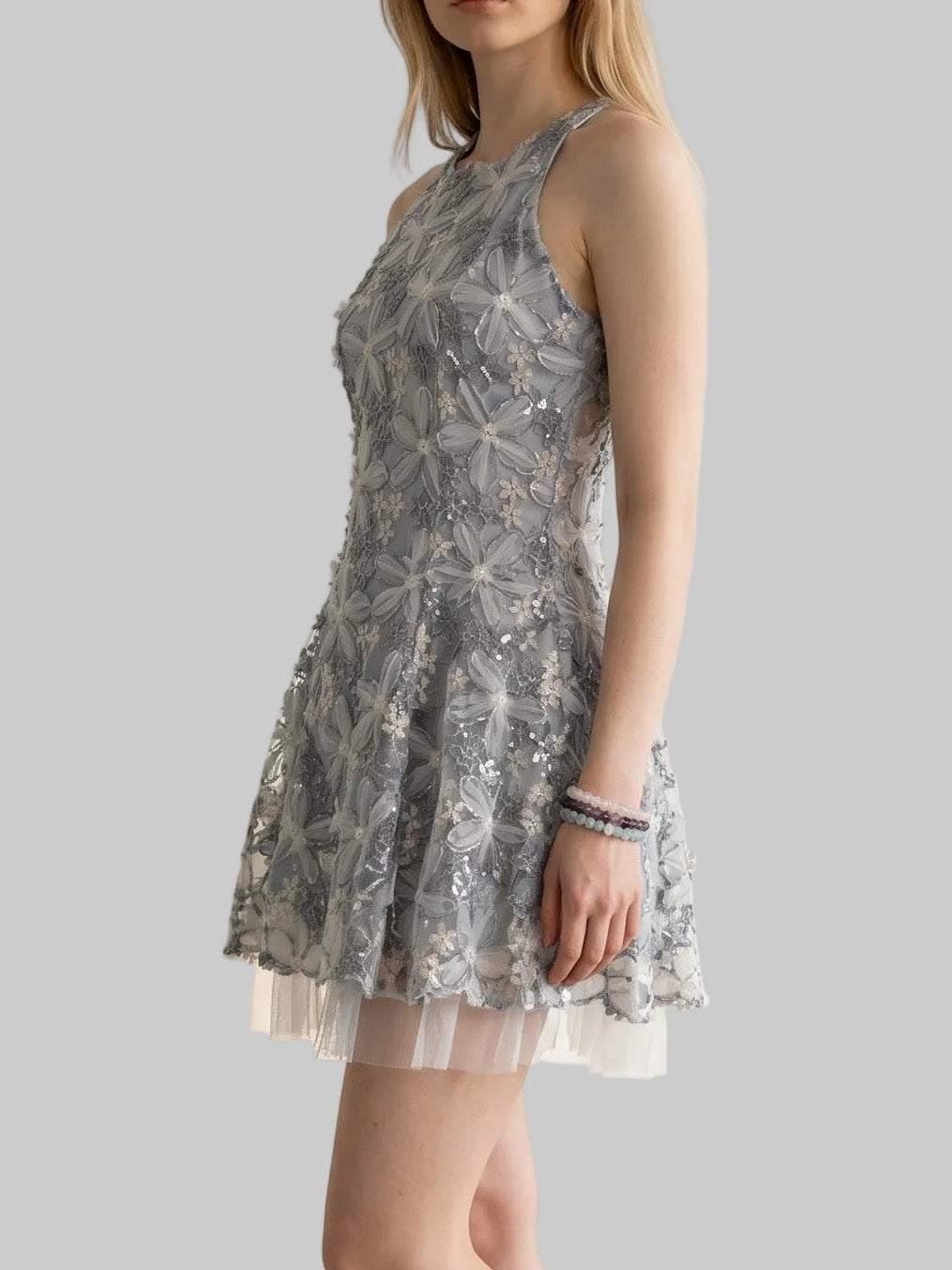 Ethereal Floral Embroidered Tulle Trim Dress