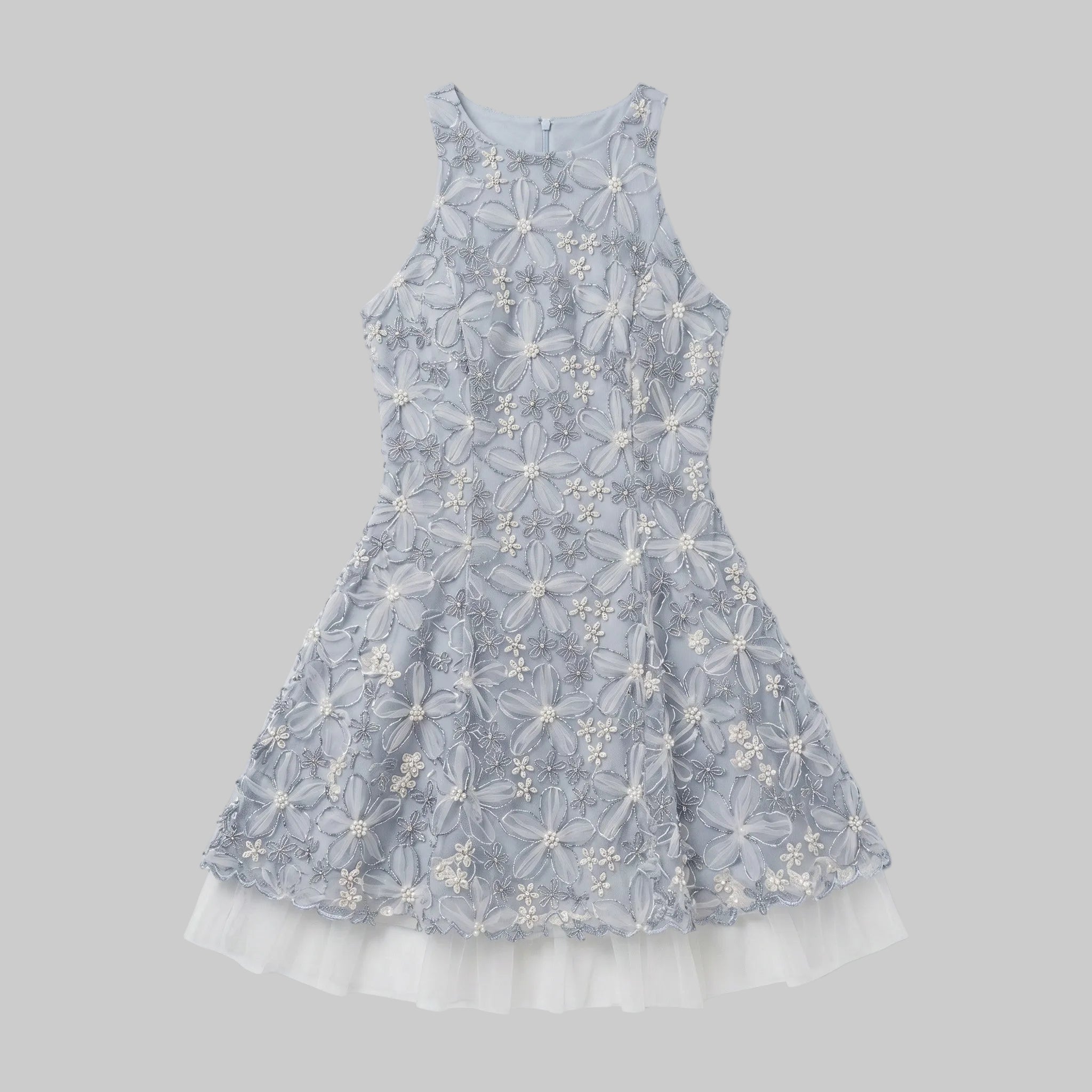 Ethereal Floral Embroidered Tulle Trim Dress