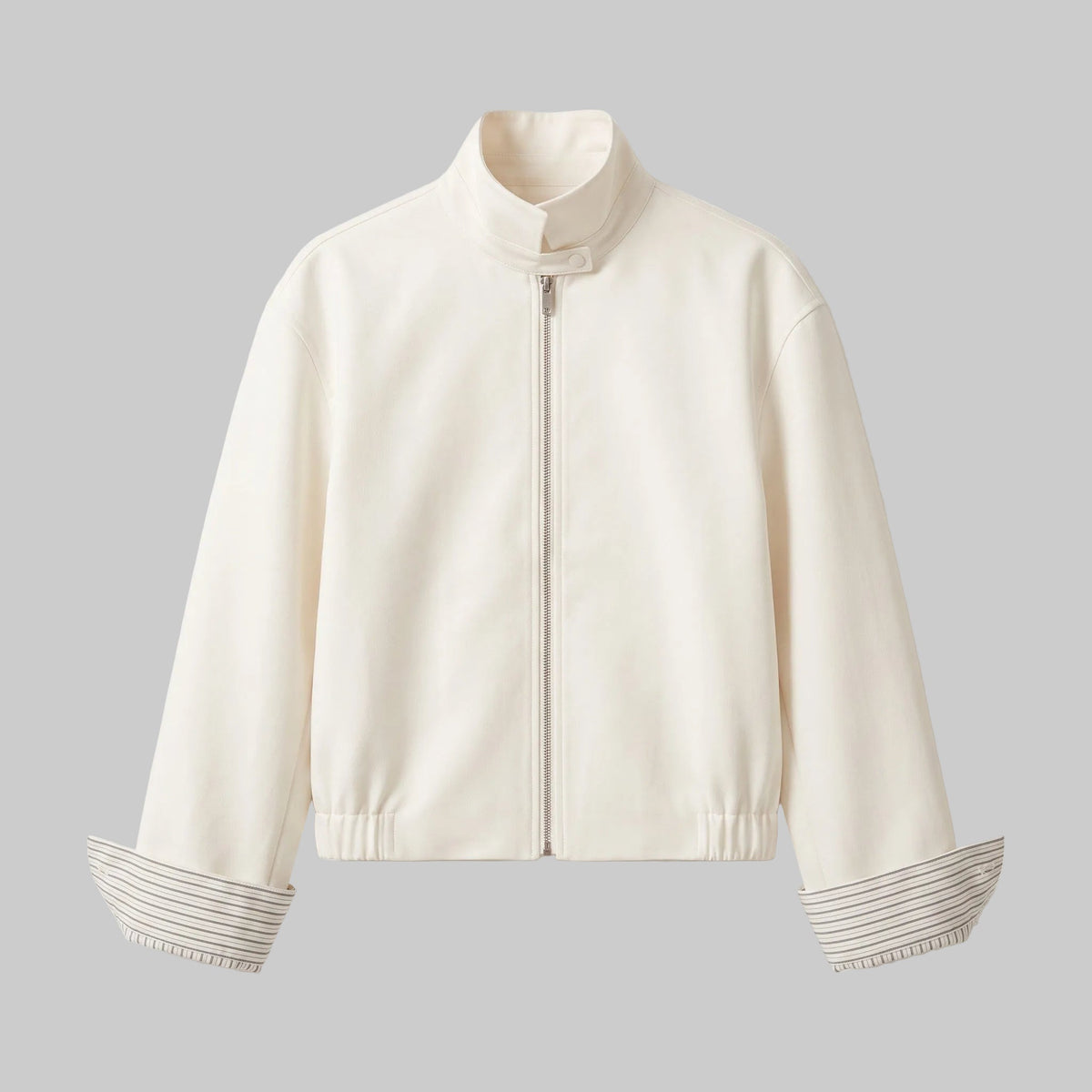 Sloane white layered jacket with zip-front closure and striped contrast cuffs