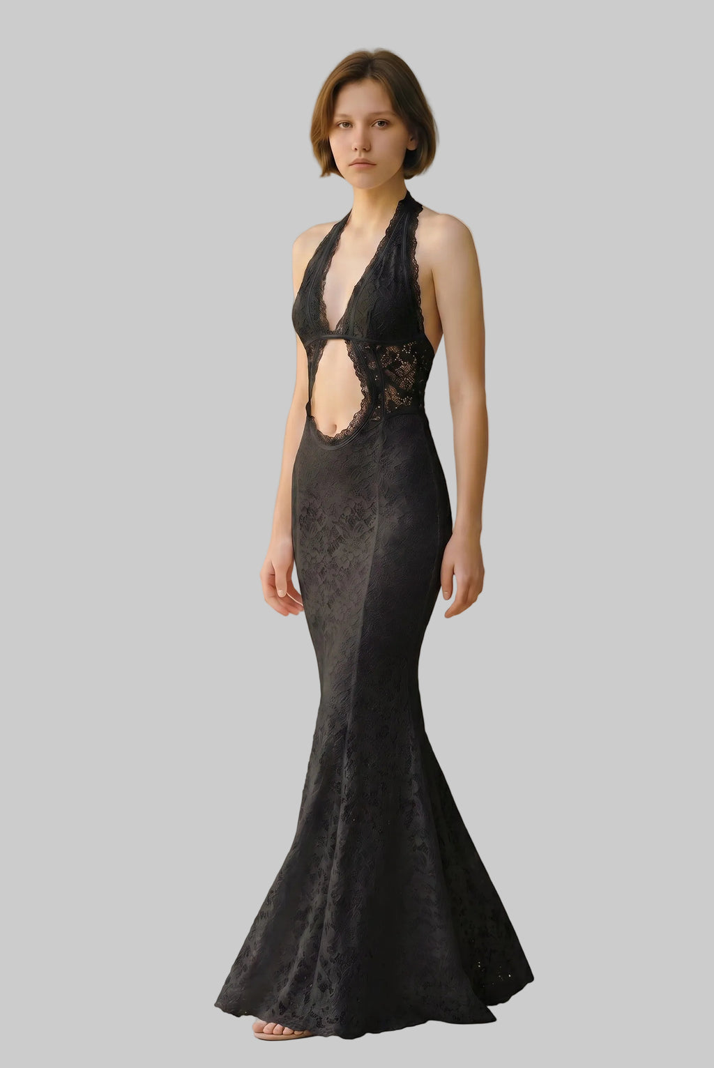 Gothic Lace Halter Maxi Cover-Up Dress & Bikini 3-Piece Set