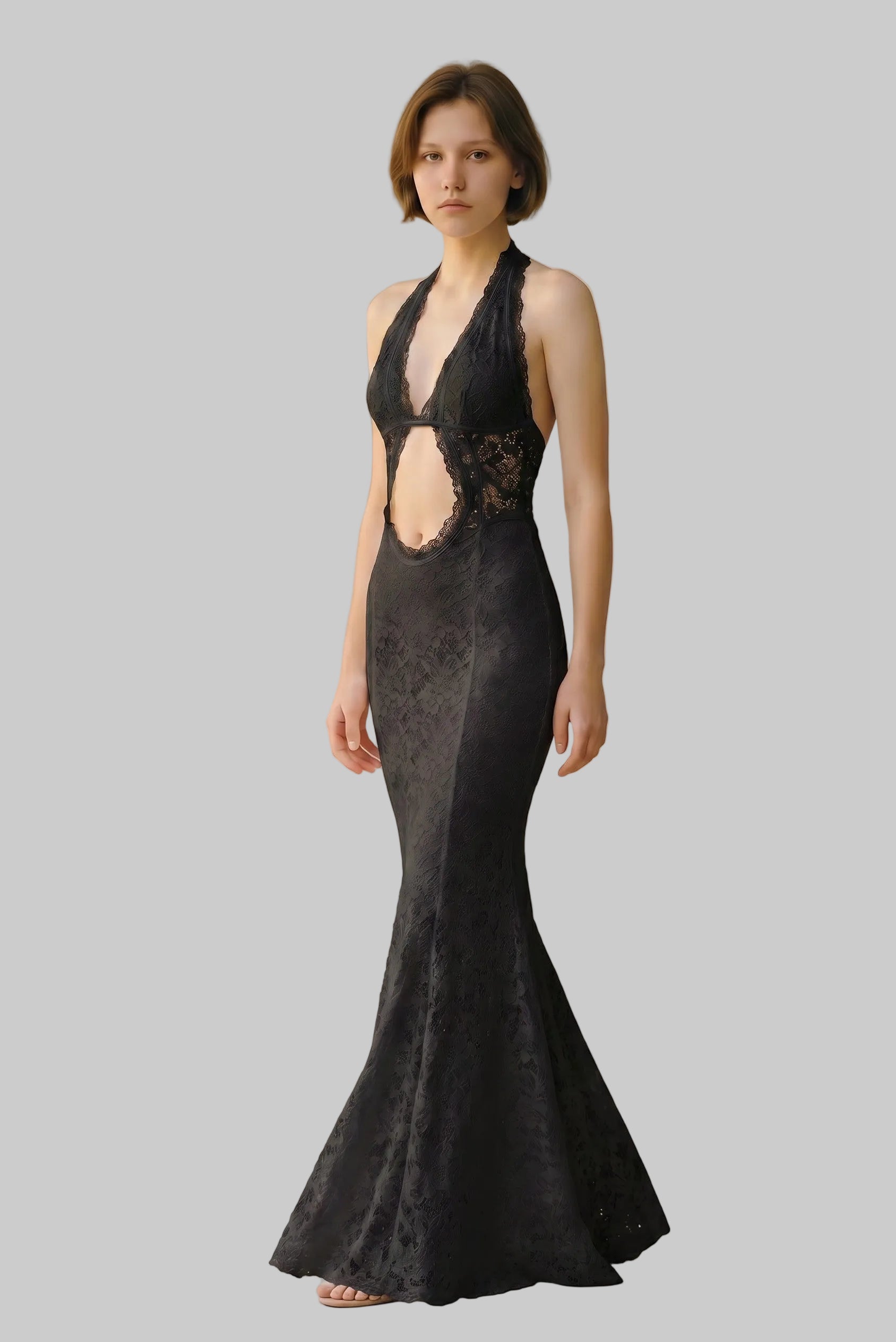 Gothic Lace Halter Maxi Cover-Up Dress & Bikini 3-Piece Set