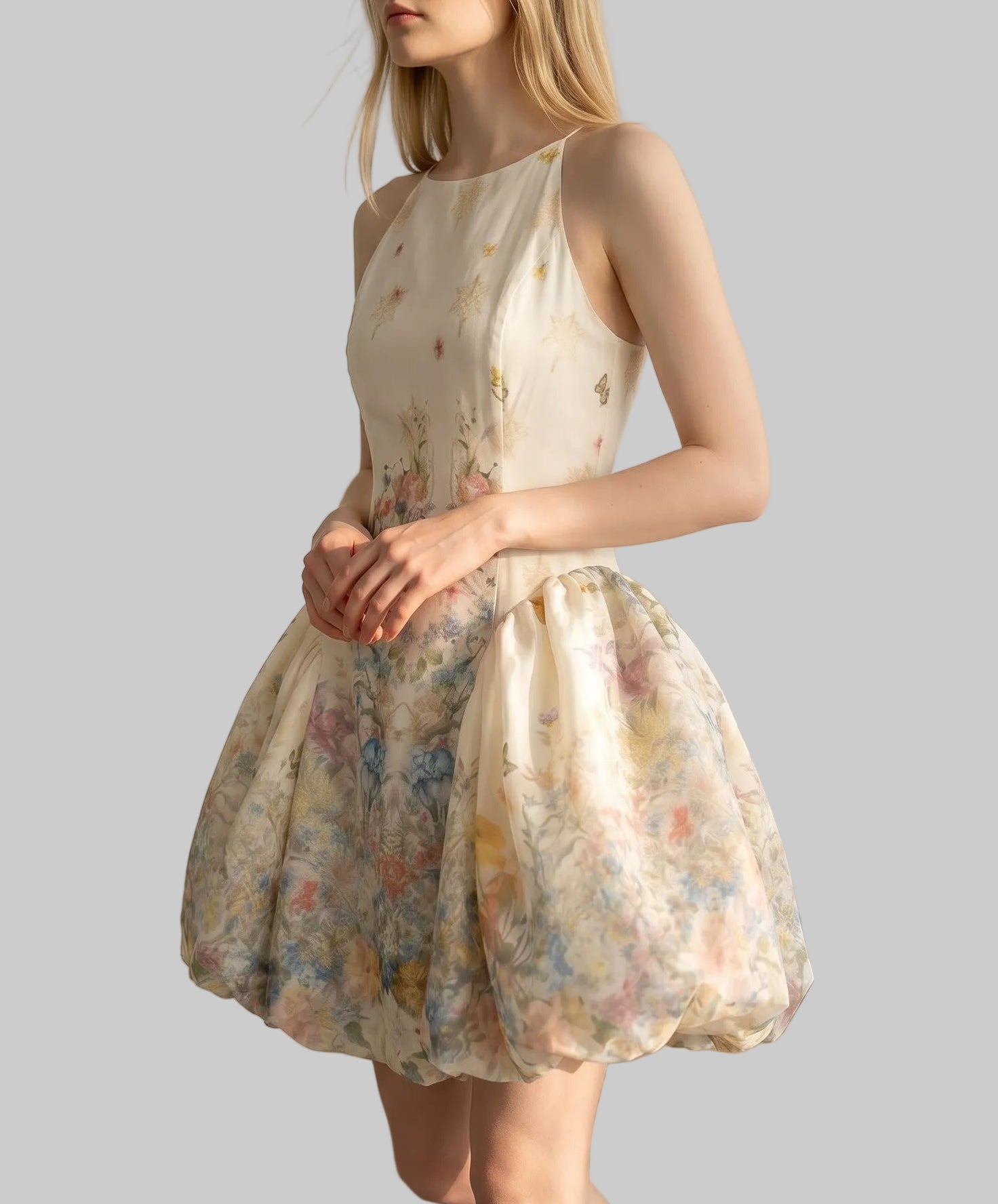 Halter Watercolor Floral Mini Dress with Bubble Skirt
