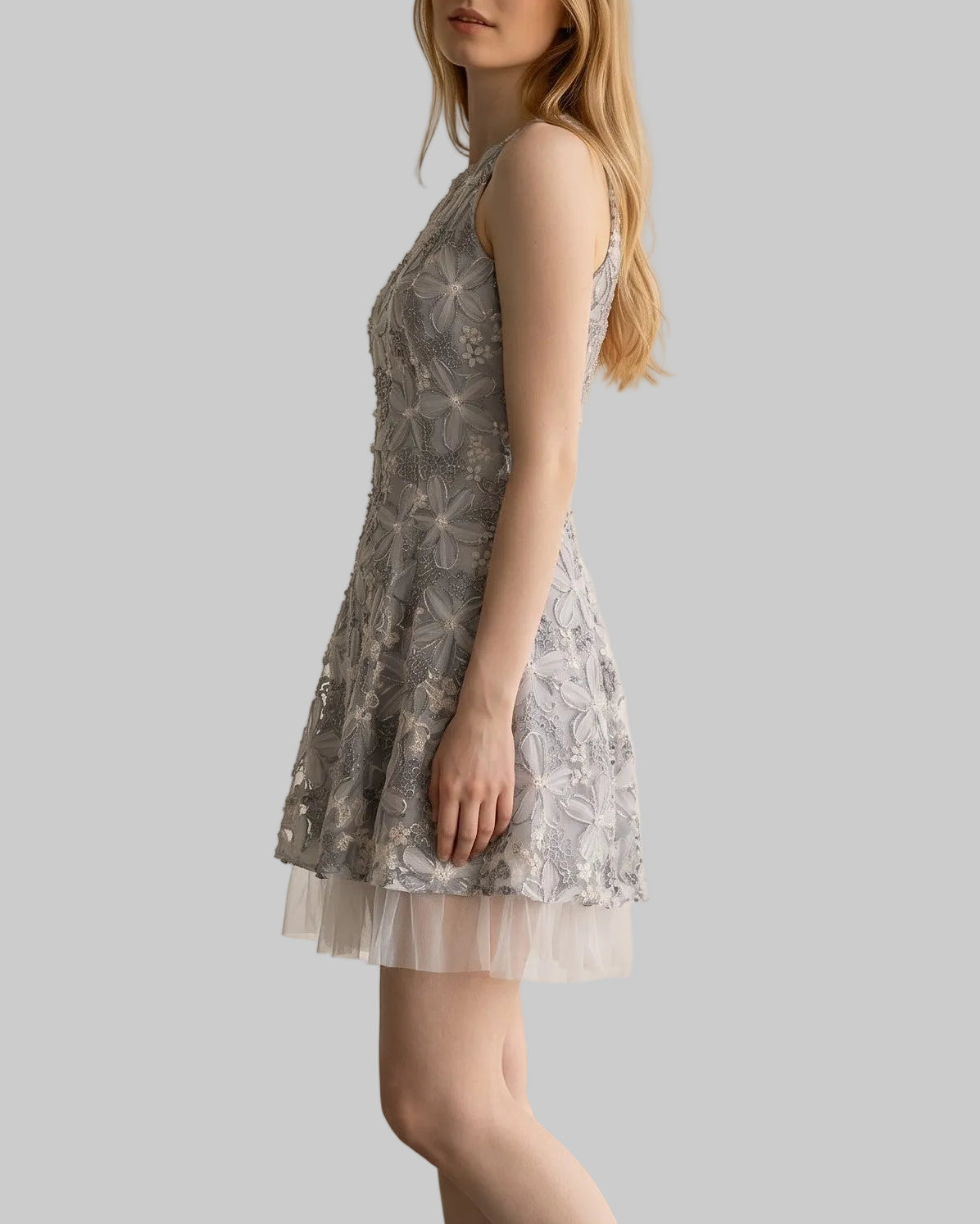 Ethereal Floral Embroidered Tulle Trim Dress