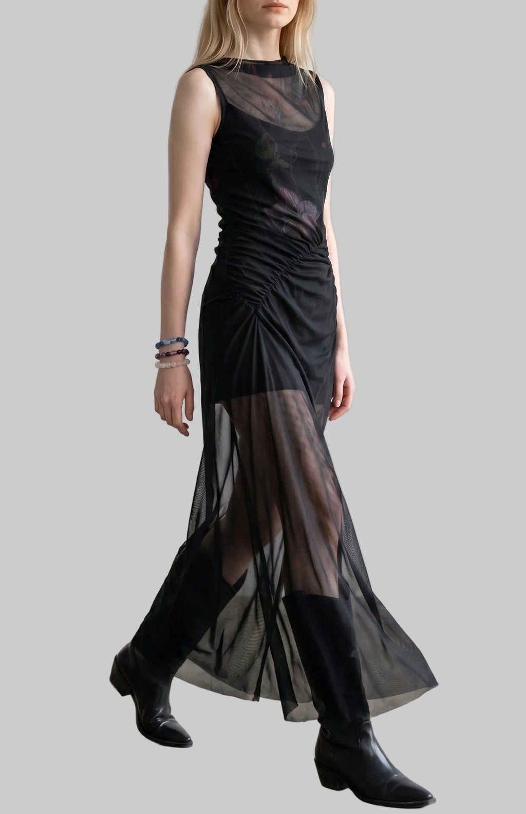 Gothic Floral Mesh Ruched Maxi Dress