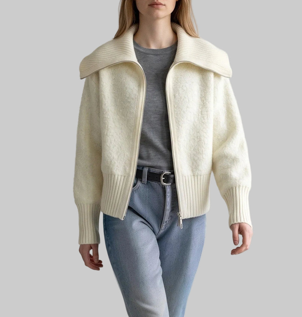 Aveline cream wool jacket with oversized ribbed collar, zip front and textured knit finish