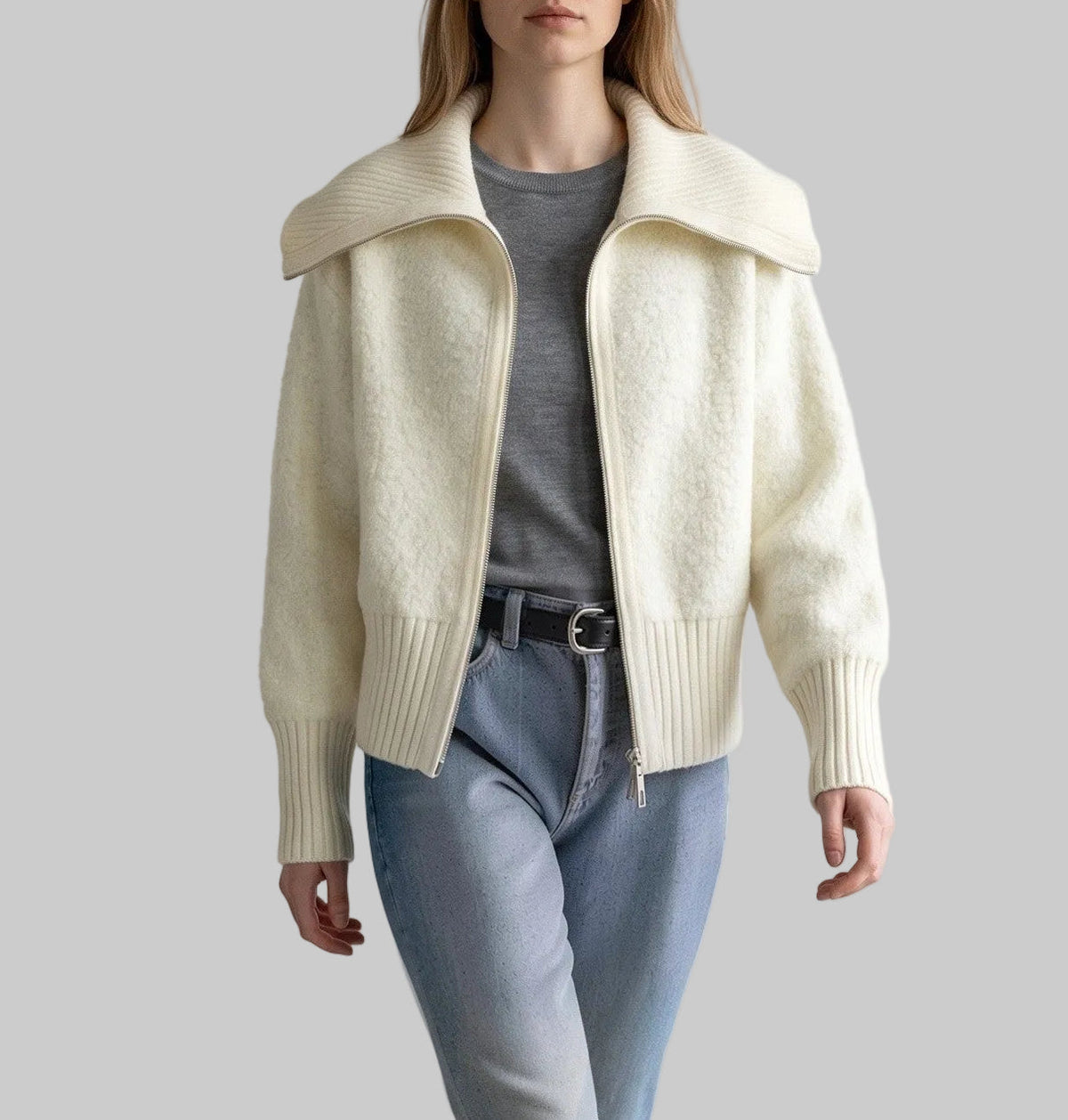 Aveline cream wool jacket with oversized ribbed collar, zip front and textured knit finish