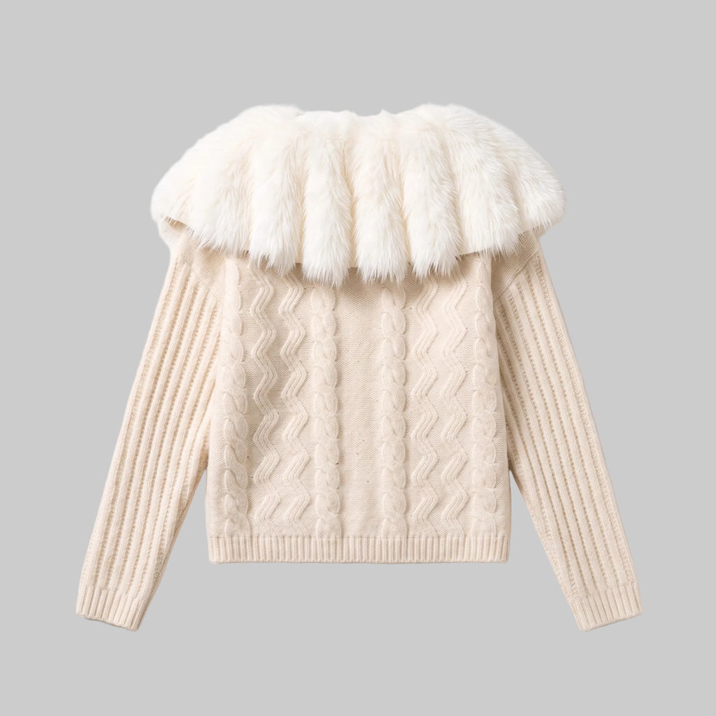 Back detail of the Colette ivory fur collar knit cardigan