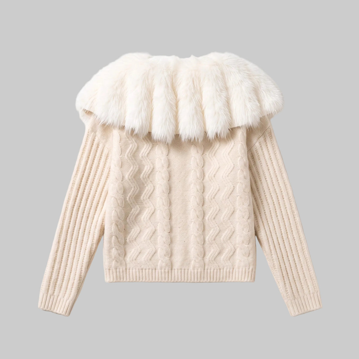 Back detail of the Colette ivory fur collar knit cardigan