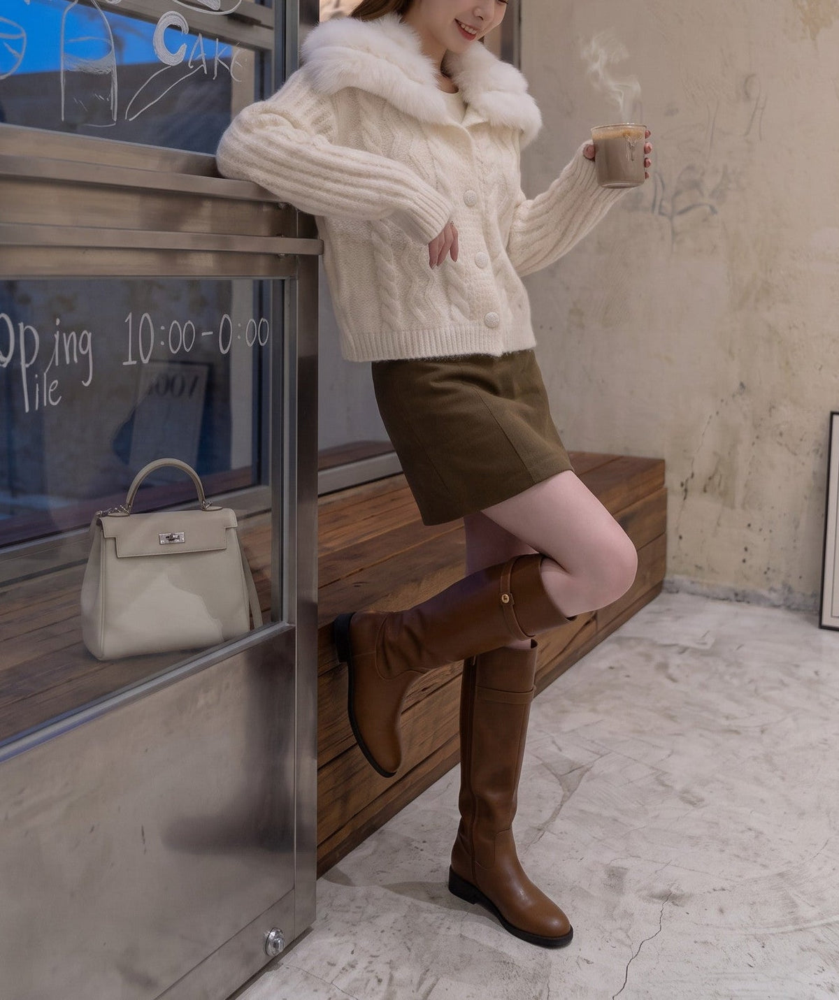 Colette ivory fur collar knit cardigan styled for a fall winter look