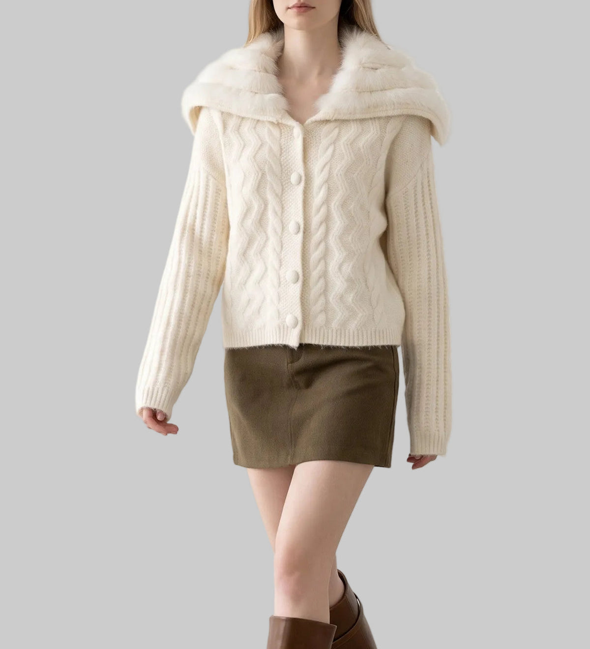 Model wearing the Colette ivory fur collar knit cardigan, front view