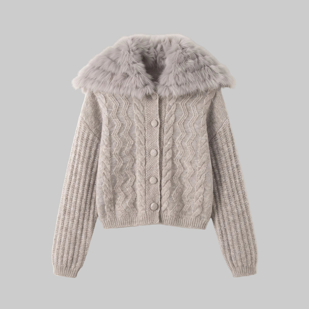 Colette oatmeal fur collar knit cardigan with button