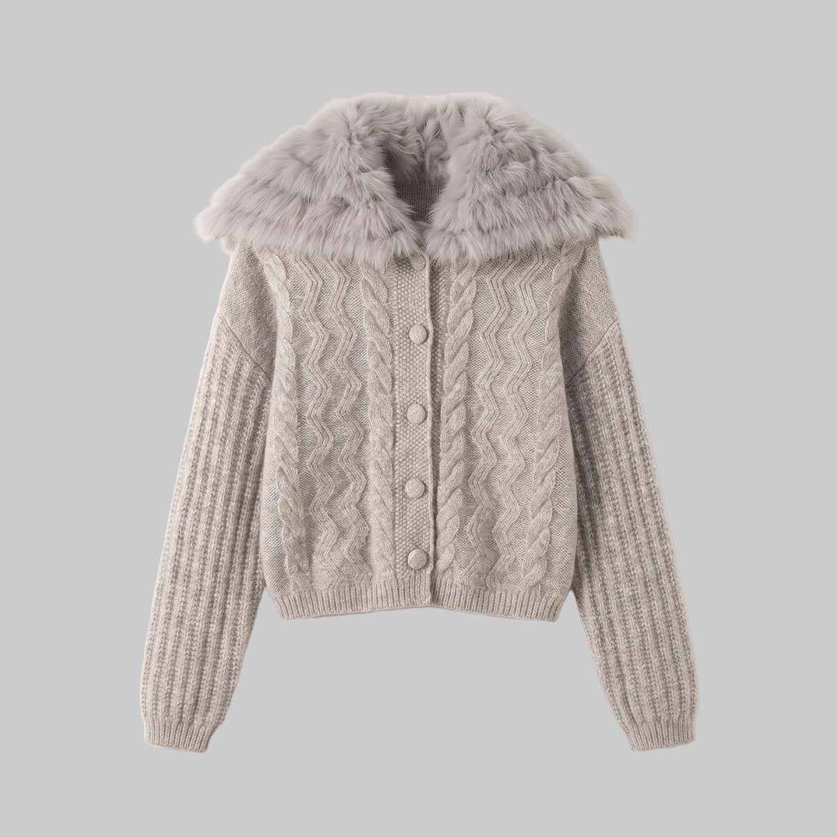 Colette oatmeal fur collar knit cardigan with button