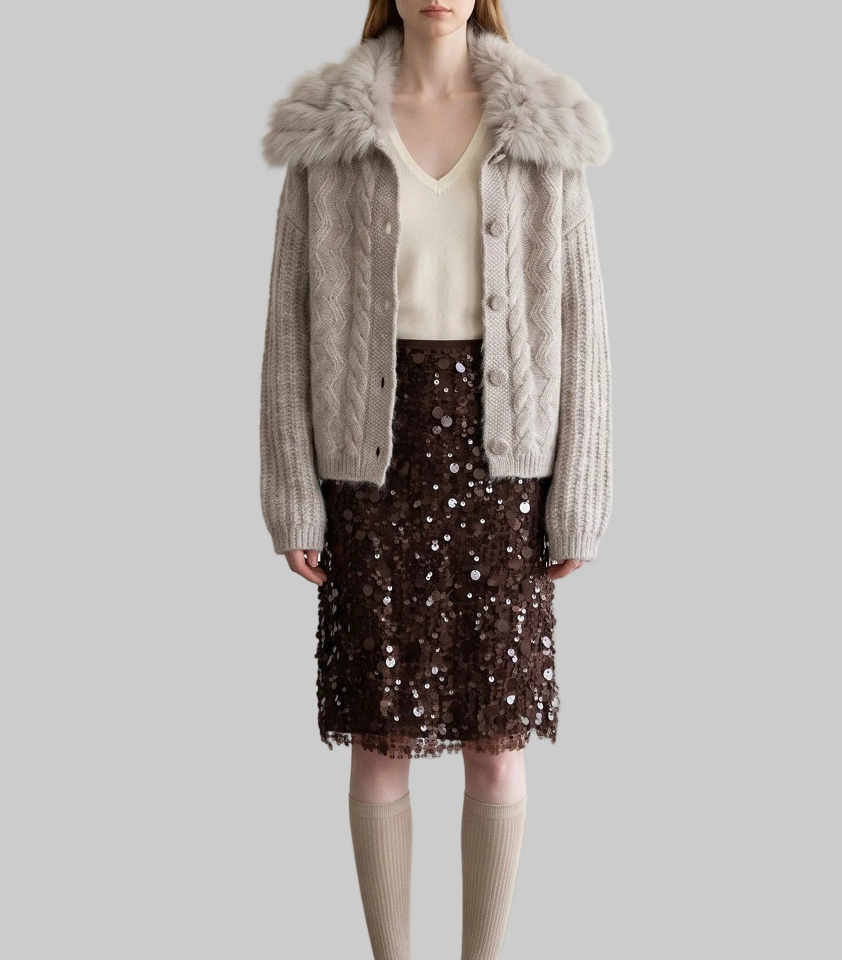 Colette oatmeal fur collar knit cardigan with button