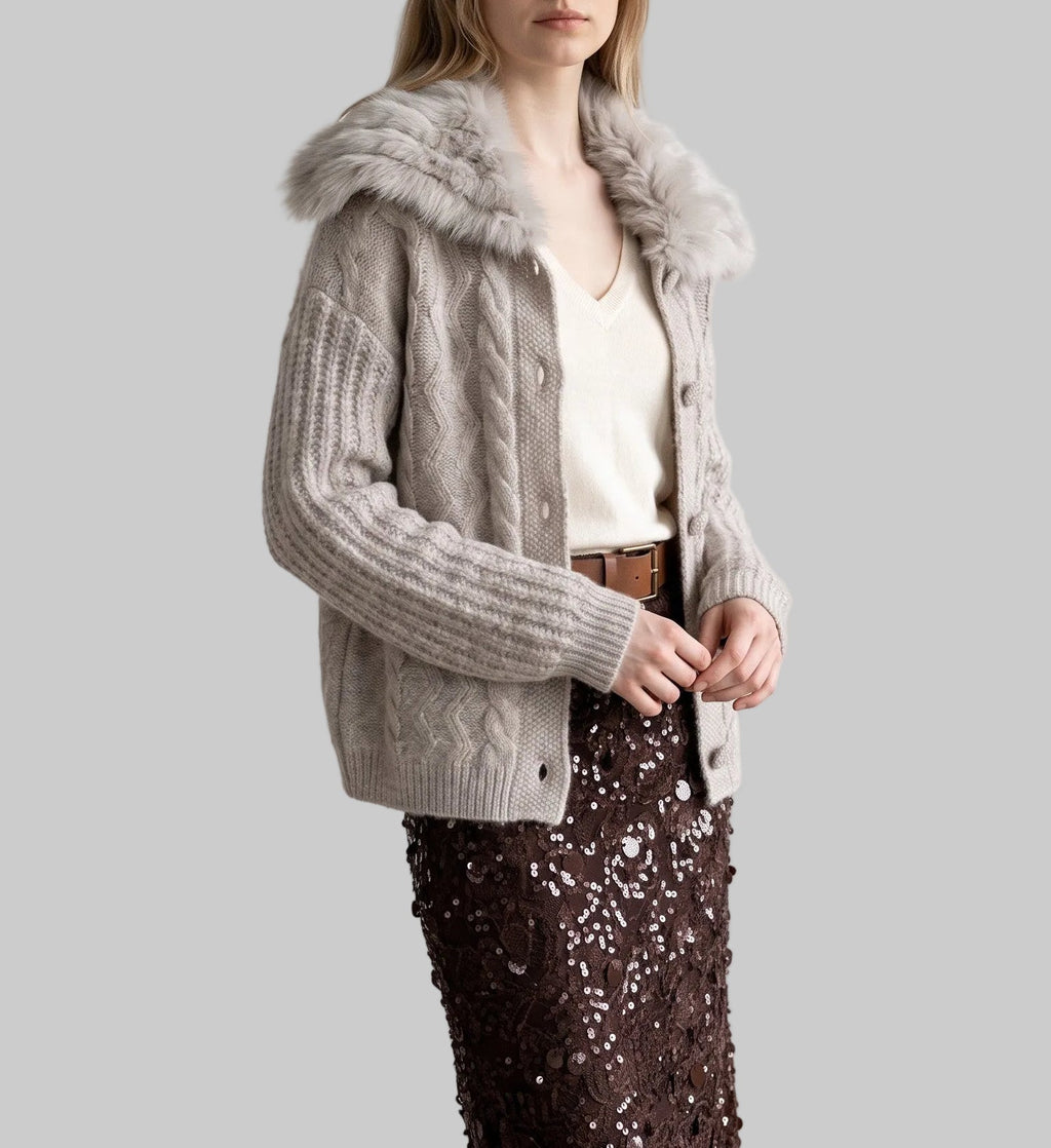 Colette oatmeal fur collar knit cardigan with button
