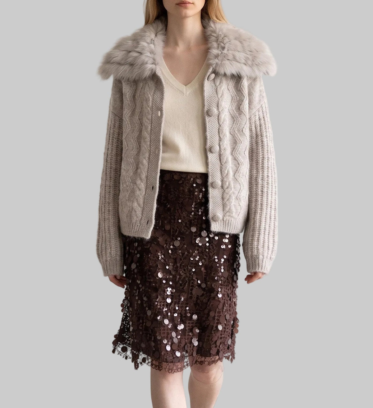 Colette oatmeal fur collar knit cardigan with button