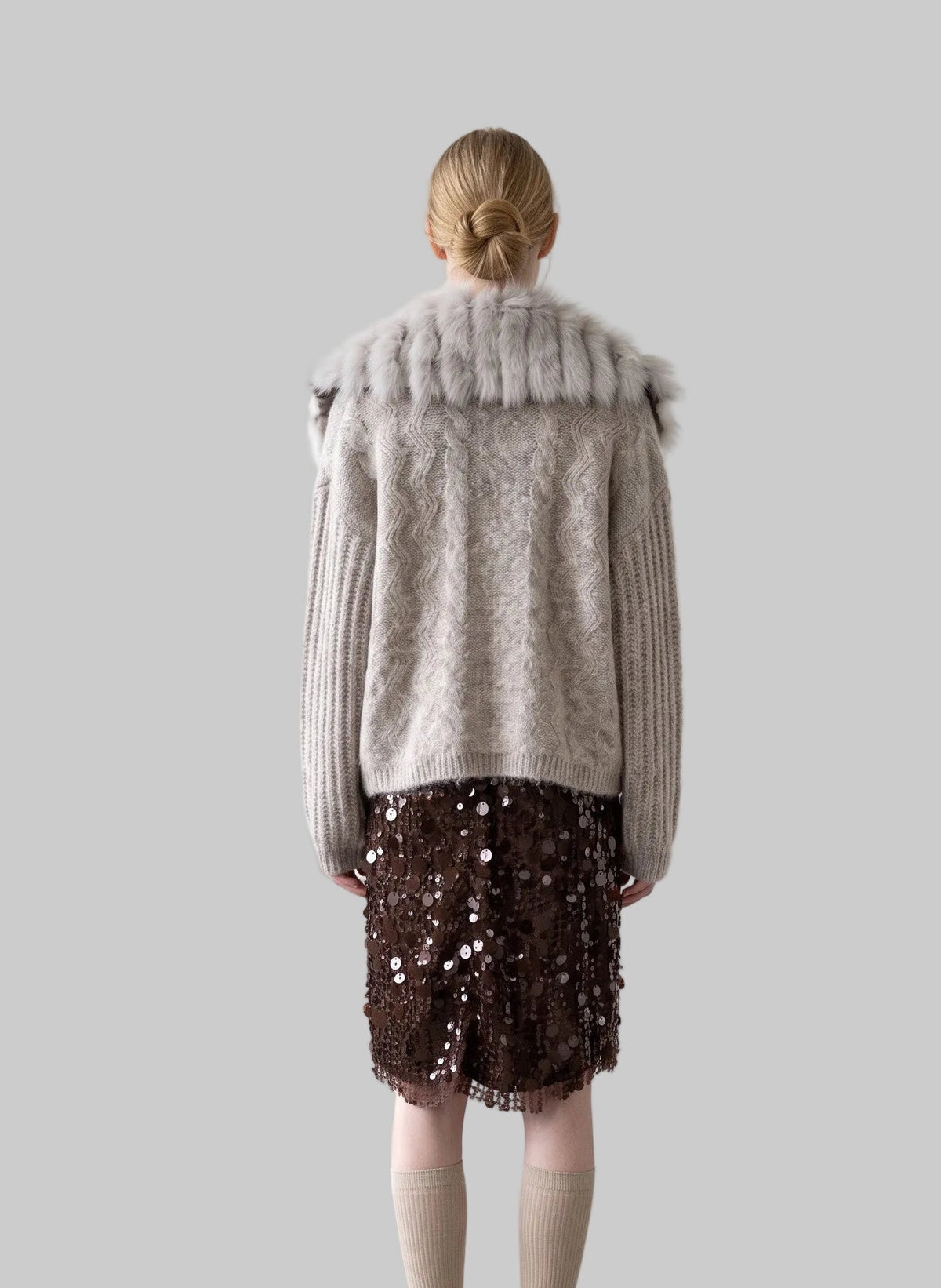 Colette oatmeal fur collar knit cardigan with button