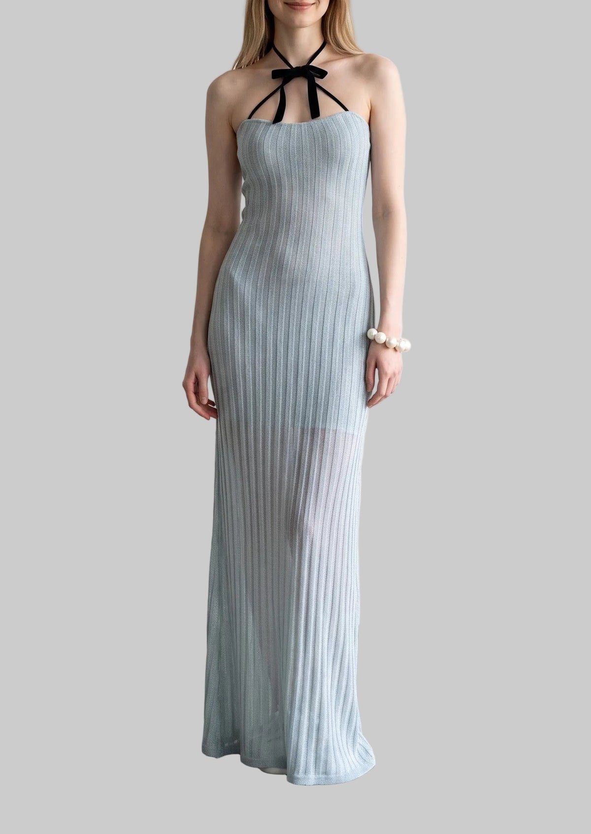 Elara light blue pleated halter maxi dress with black tie detail