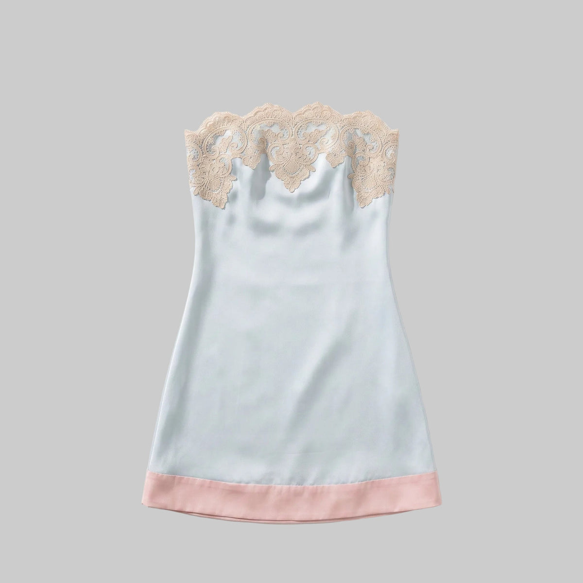 Elise light blue satin mini dress with ivory floral lace neckline and pink hem trim