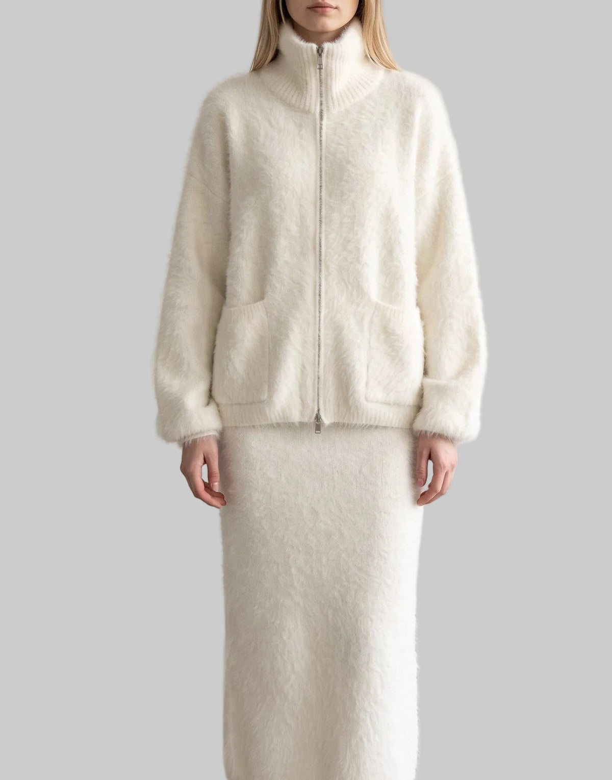 Elodie ivory wool zip-up cardigan with high neck and front pockets