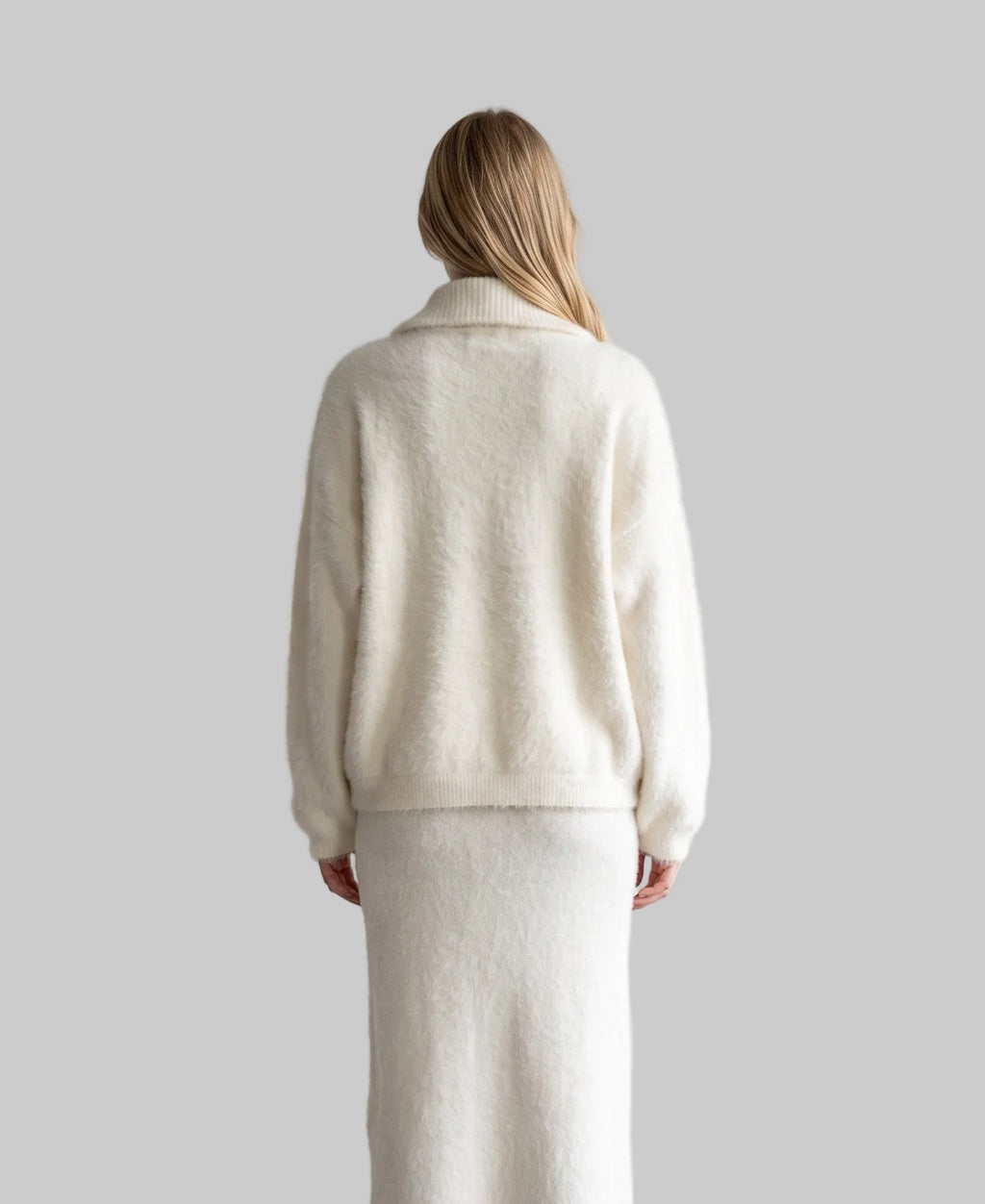 Elodie ivory wool zip-up cardigan with high neck and front pockets