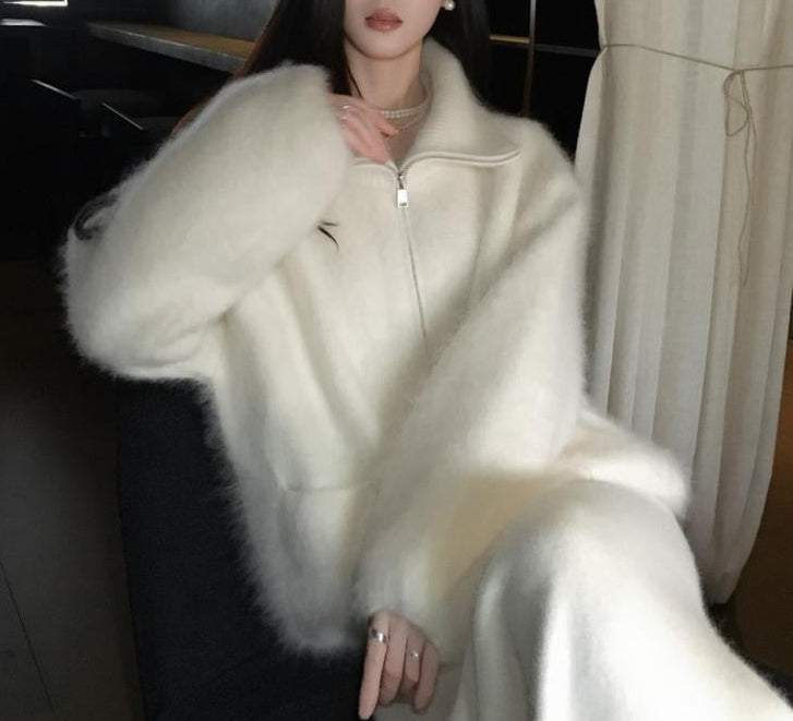 Elodie ivory wool zip-up cardigan with high neck and front pockets