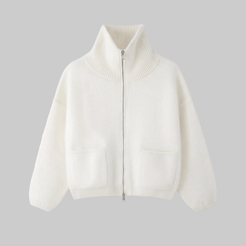Elodie ivory wool zip-up cardigan with high neck and front pockets