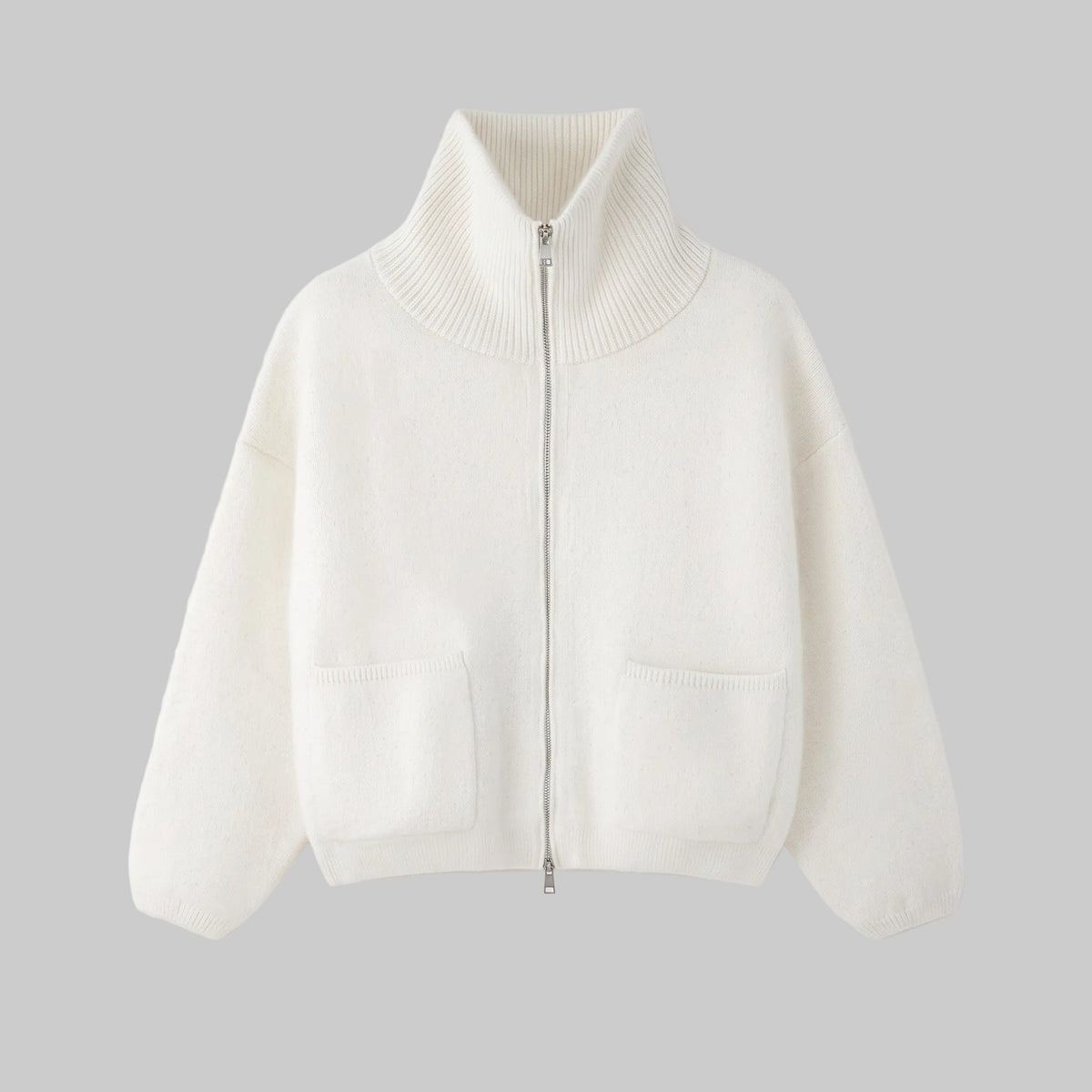 Elodie ivory wool zip-up cardigan with high neck and front pockets