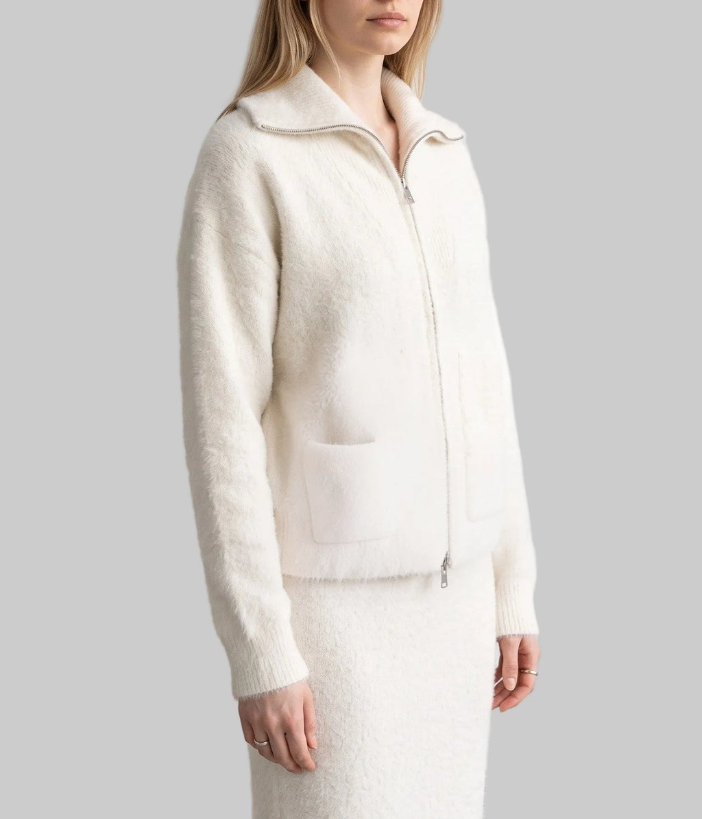 Elodie ivory wool zip-up cardigan with high neck and front pockets