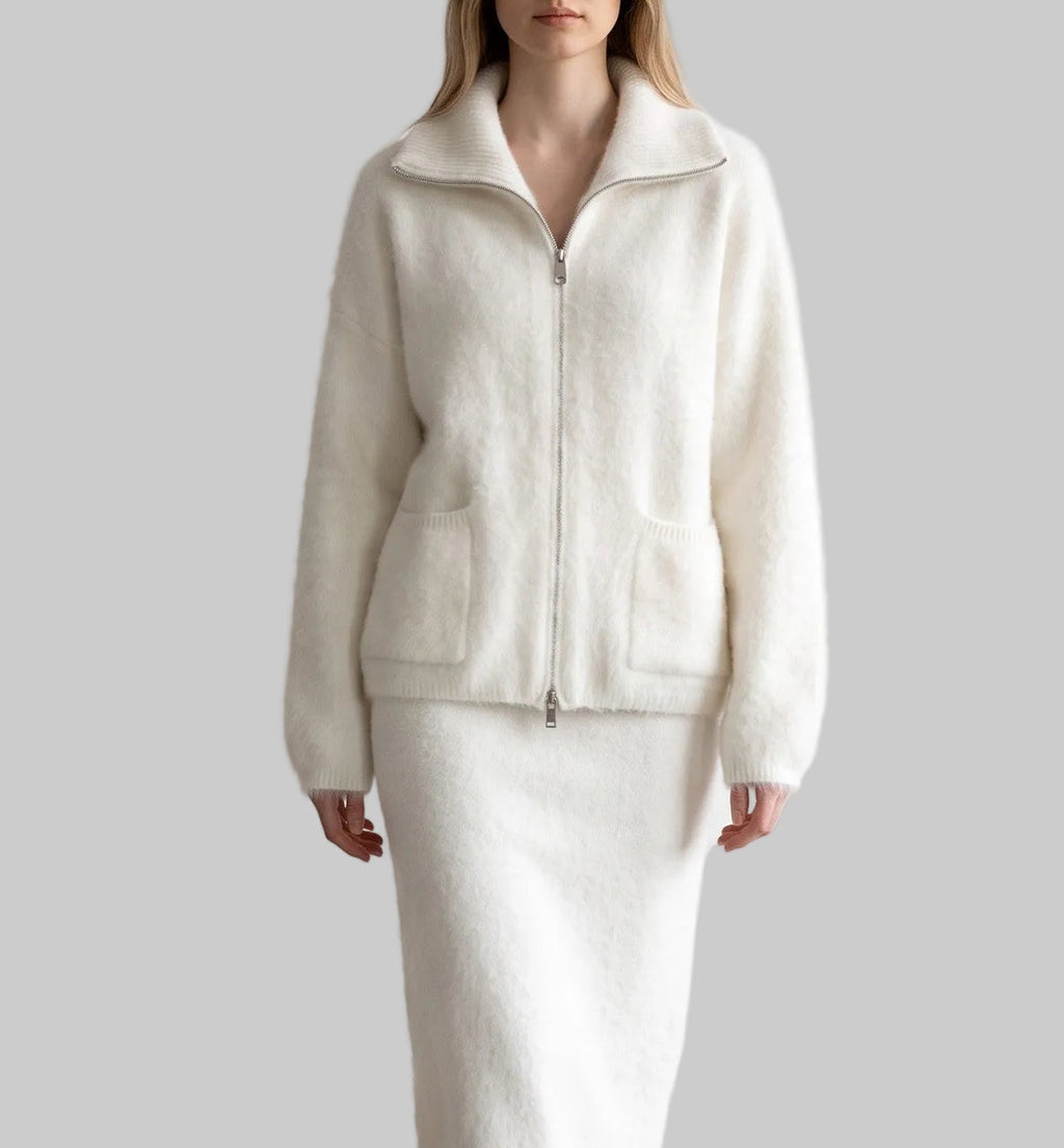 Elodie ivory wool zip-up cardigan with high neck and front pockets