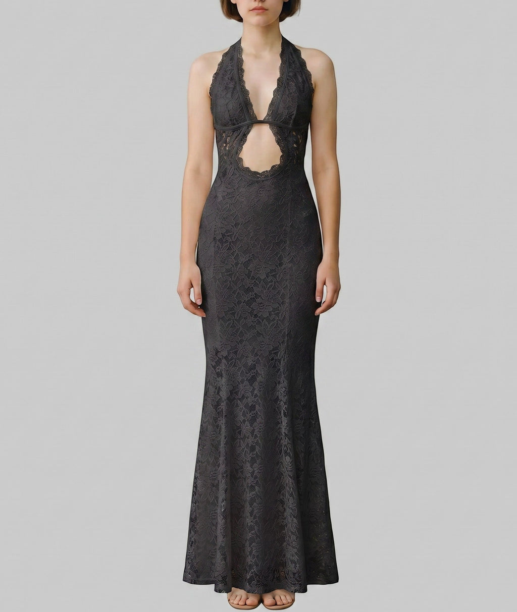 Gothic Lace Halter Maxi Cover-Up Dress & Bikini 3-Piece Set
