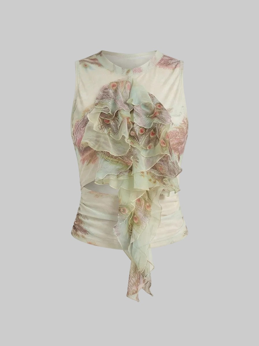 Enchanted Peacock Asymmetric Ruffle Cutout Top